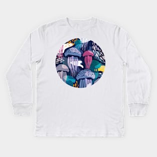 Bioluminescence geometric jellyfish // pnavy blue background pink violet blue and teal geo sea jellies Kids Long Sleeve T-Shirt